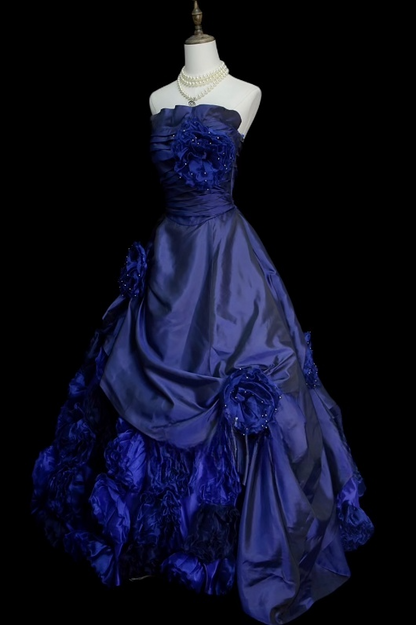 Fairy Navy Blue Long Prom Dresses Satin Strapless A-Line Evening Dresses Sleeveless Birthday Dress ED06179