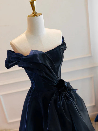 A-Line Off Shoulder Organza Dark Blue Long Prom Dress, Dark Blue Long Formal Dress ED0618