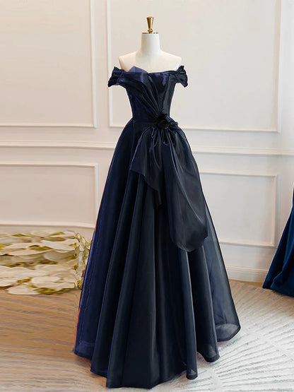 A-Line Off Shoulder Organza Dark Blue Long Prom Dress, Dark Blue Long Formal Dress ED0618