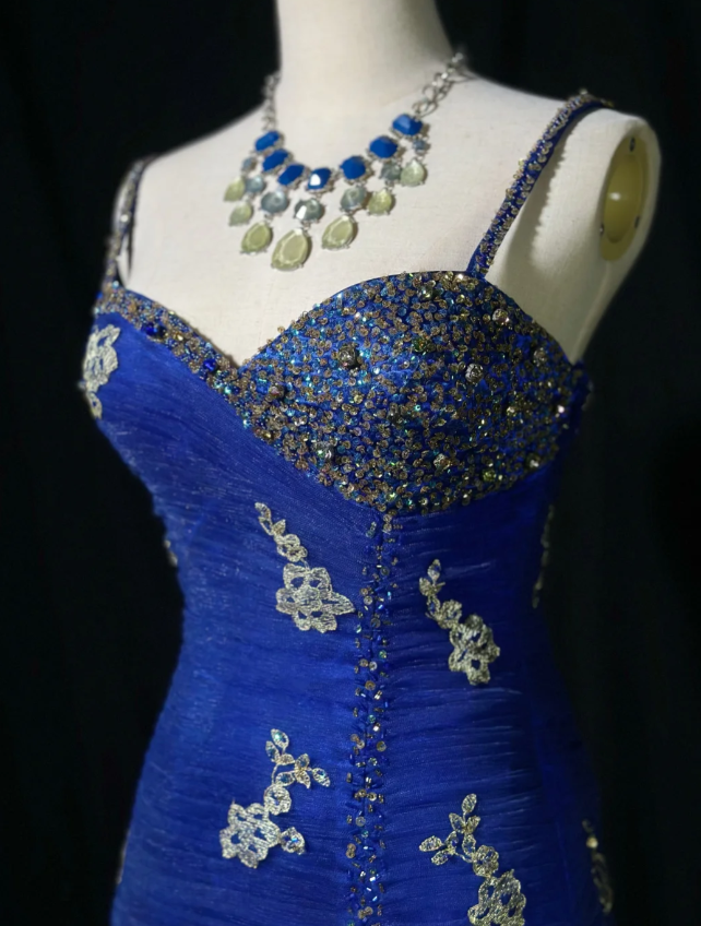 Chic Blue Long Prom Dresses Beaded Tulle Sheath Evening Dresses Sleeveless Birthday Dress ED06181