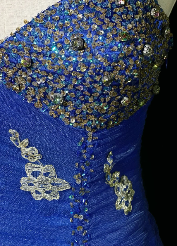 Chic Blue Long Prom Dresses Beaded Tulle Sheath Evening Dresses Sleeveless Birthday Dress ED06181