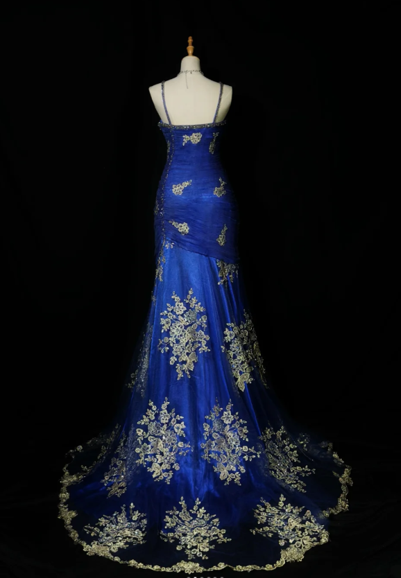 Chic Blue Long Prom Dresses Beaded Tulle Sheath Evening Dresses Sleeveless Birthday Dress ED06181