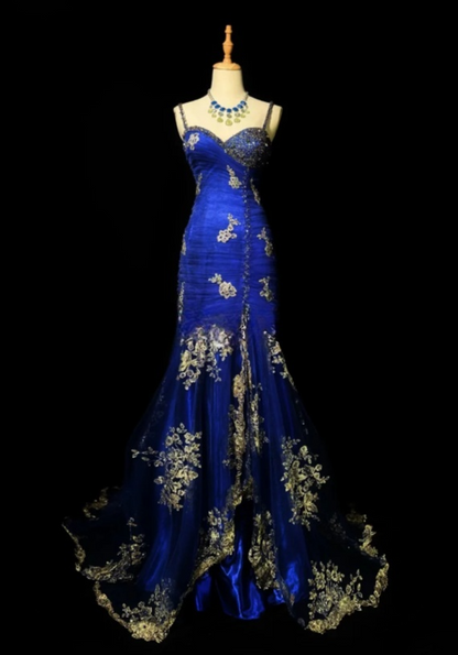 Chic Blue Long Prom Dresses Beaded Tulle Sheath Evening Dresses Sleeveless Birthday Dress ED06181