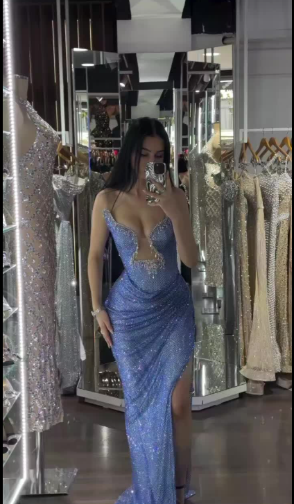 Chic Blue Long Prom Dresses Tulle Sweetheart Sheath Evening Dresses With Slit ED06182