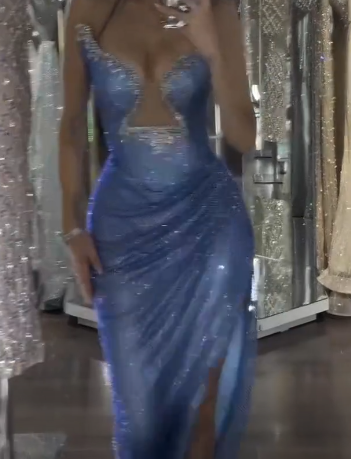 Chic Blue Long Prom Dresses Tulle Sweetheart Sheath Evening Dresses With Slit ED06182