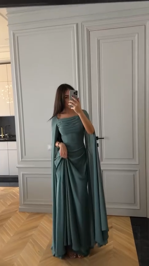 Chic Green Long Prom Dresses Chiffon Square Neck Sheath Evening Dresses ED06183