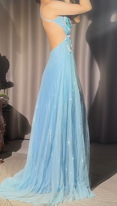 Chic Sky Blue Long Prom Dresses with Open Back Beaded Chiffon Spaghetti Straps Sheath Evening Dresses ED06189
