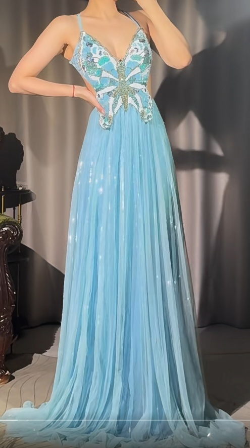 Chic Sky Blue Long Prom Dresses with Open Back Beaded Chiffon Spaghetti Straps Sheath Evening Dresses ED06189