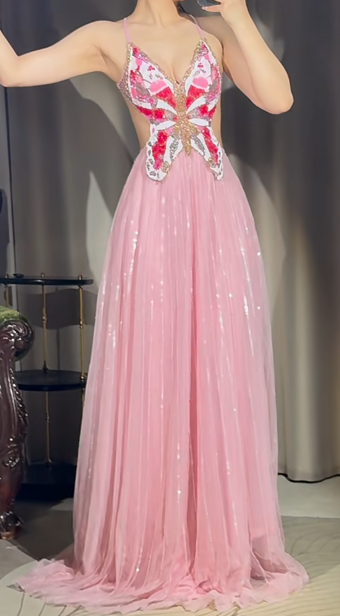 Chic Sky Blue Long Prom Dresses with Open Back Beaded Chiffon Spaghetti Straps Sheath Evening Dresses ED06189