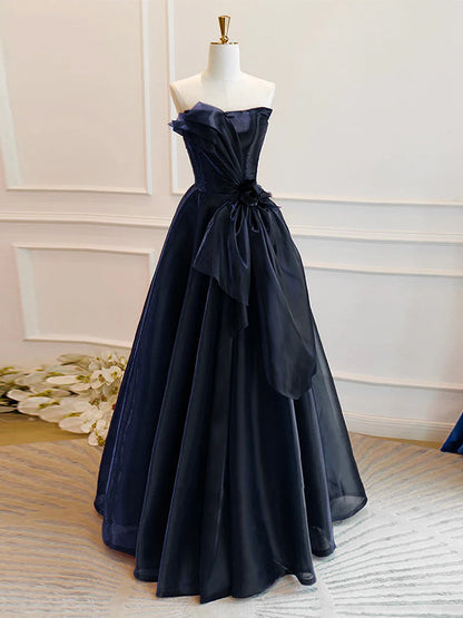 A-Line Off Shoulder Organza Dark Blue Long Prom Dress, Dark Blue Long Formal Dress ED0618