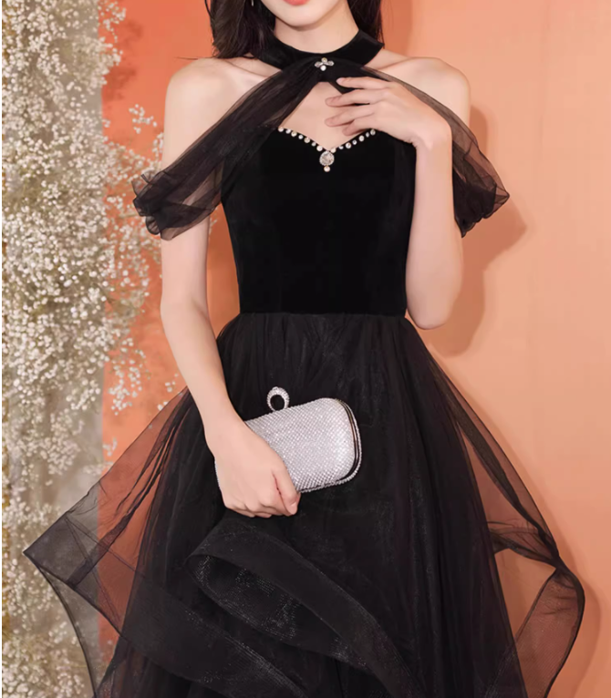 A-Line Tulle Black Long Prom Dress, Black Long Formal Dress ED0619