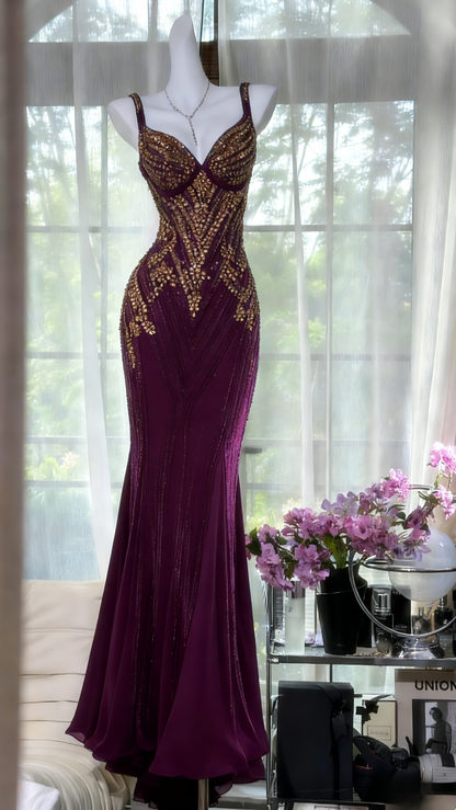 Chic Dark Green Long Prom Dresses Beaded Chiffon Straps Mermaid Evening Dresses ED06190