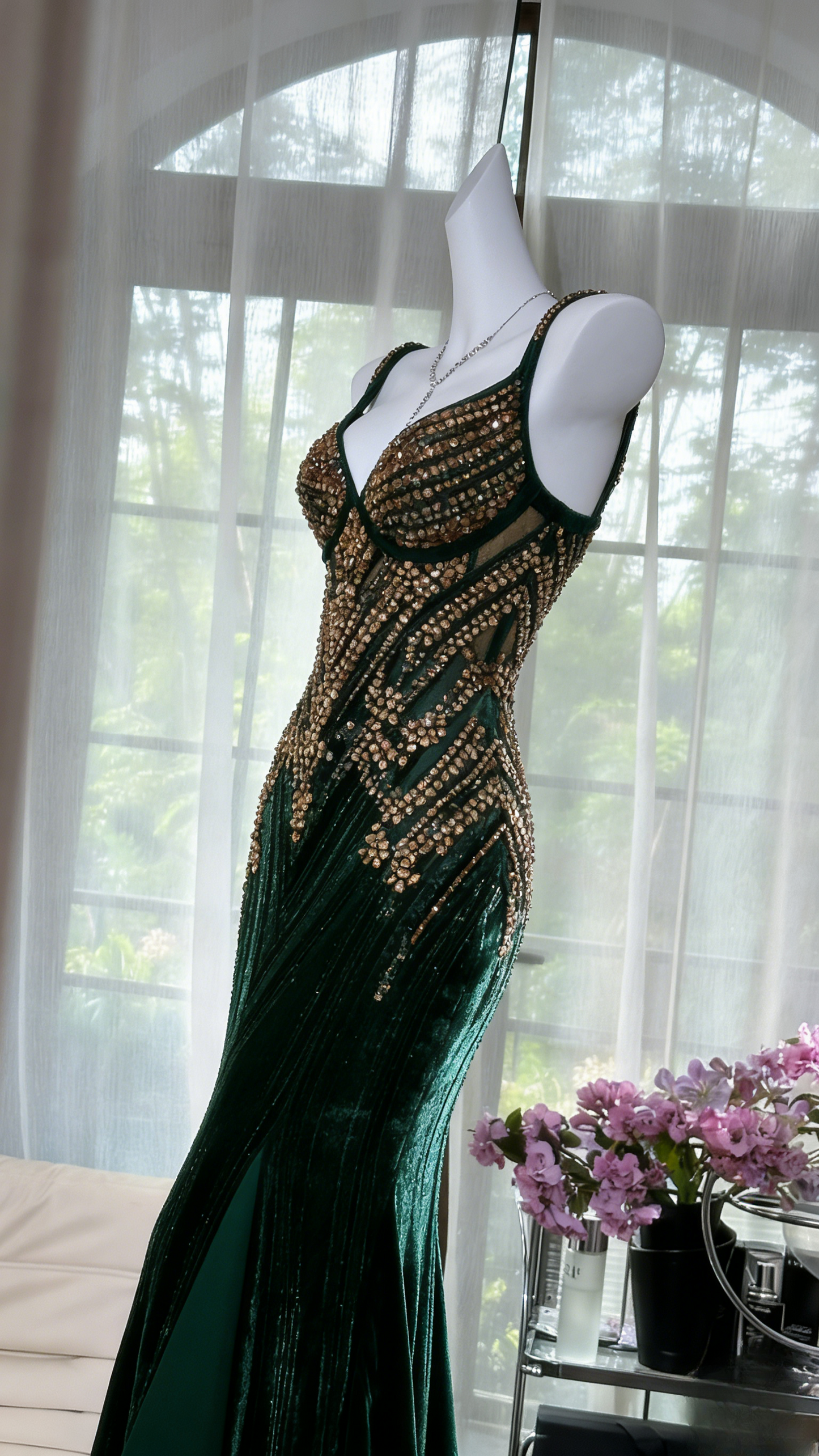 Chic Dark Green Long Prom Dresses Beaded Chiffon Straps Mermaid Evening Dresses ED06190