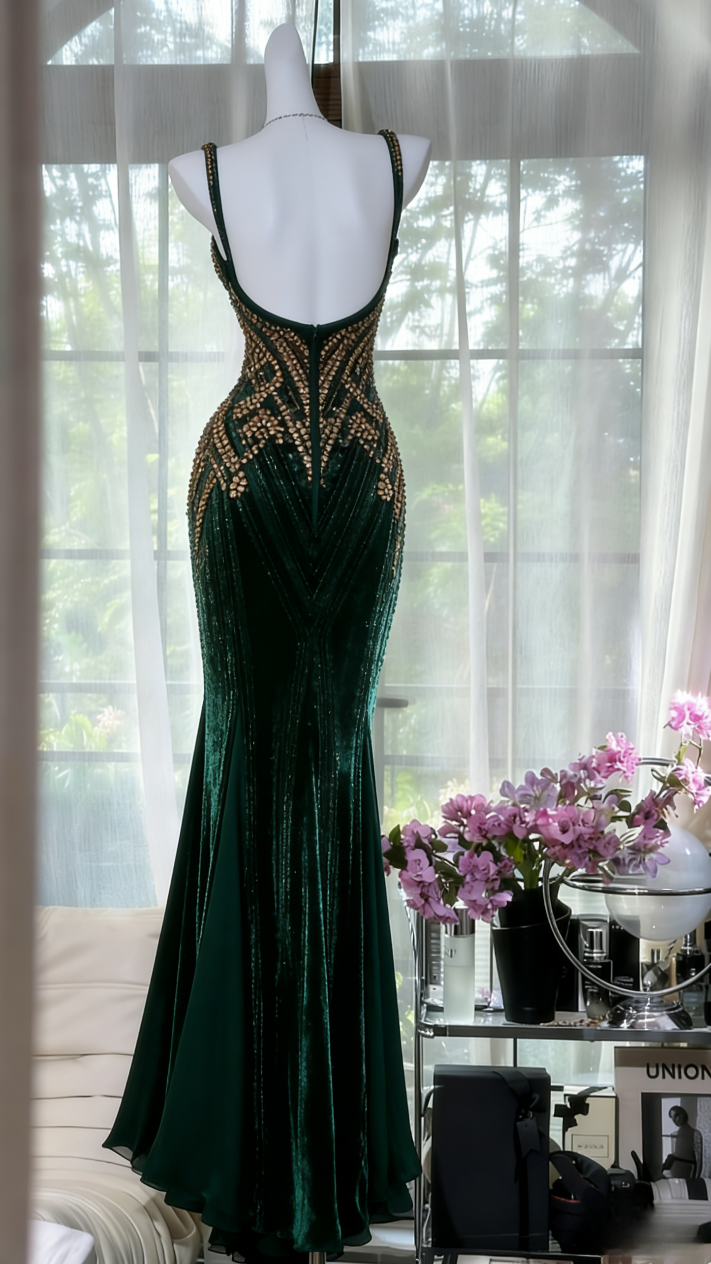 Chic Dark Green Long Prom Dresses Beaded Chiffon Straps Mermaid Evening Dresses ED06190