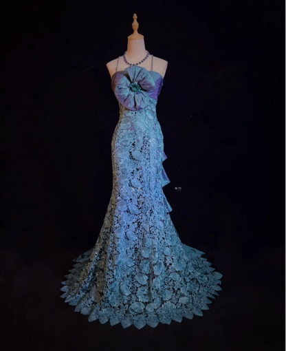 Fairy Blue Long Prom Dresses Lace Appliques Spaghetti Straps Sheath Evening Dresses ED06192