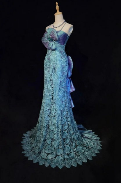 Fairy Blue Long Prom Dresses Lace Appliques Spaghetti Straps Sheath Evening Dresses ED06192