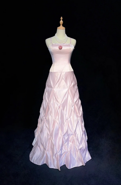 Fairy Pink Long Prom Dresses Satin Spaghetti Straps A-Line Evening Dresses ED06193