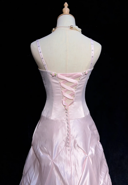 Fairy Pink Long Prom Dresses Satin Spaghetti Straps A-Line Evening Dresses ED06193