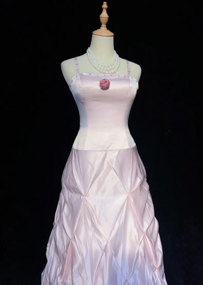 Fairy Pink Long Prom Dresses Satin Spaghetti Straps A-Line Evening Dresses ED06193