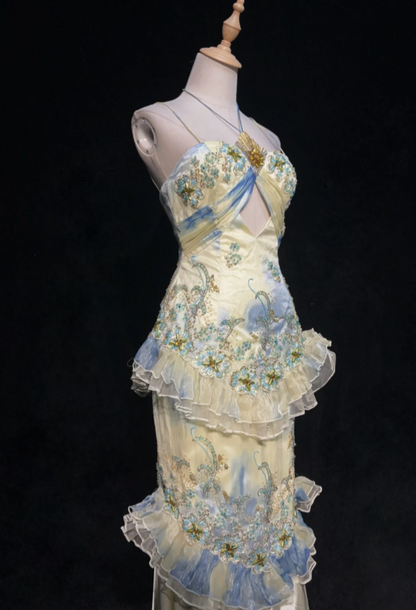 Fairy Light Yellow Long Prom Dresses Applique Tulle Halter Sheath Floral Evening Dresses ED06194