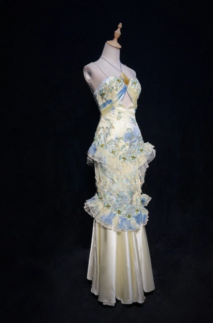 Fairy Light Yellow Long Prom Dresses Applique Tulle Halter Sheath Floral Evening Dresses ED06194