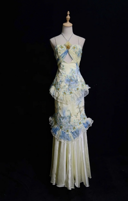 Fairy Light Yellow Long Prom Dresses Applique Tulle Halter Sheath Floral Evening Dresses ED06194