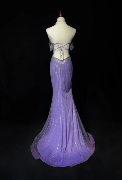 Fashion Purple Long Prom Dresses Sequins Tulle Strapless Sheath Evening Dresses ED06196