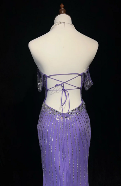 Fashion Purple Long Prom Dresses Sequins Tulle Strapless Sheath Evening Dresses ED06196