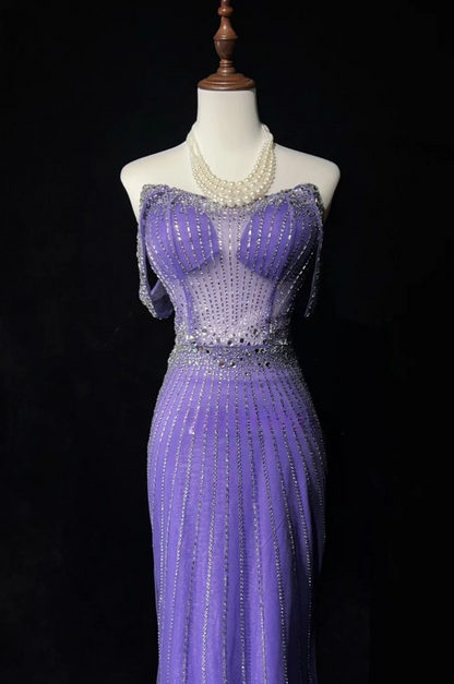Fashion Purple Long Prom Dresses Sequins Tulle Strapless Sheath Evening Dresses ED06196