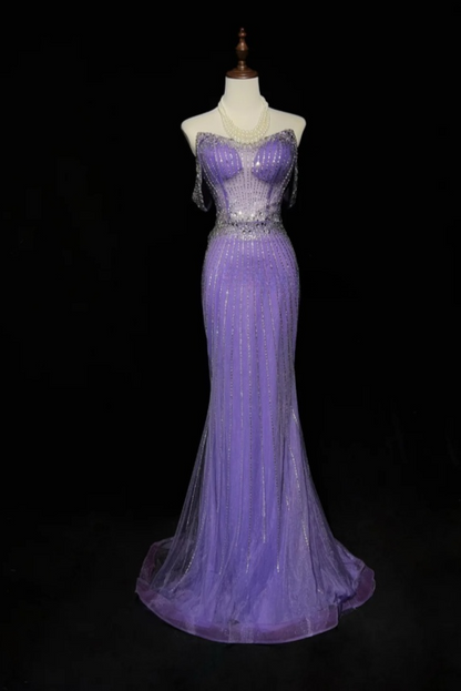 Fashion Purple Long Prom Dresses Sequins Tulle Strapless Sheath Evening Dresses ED06196