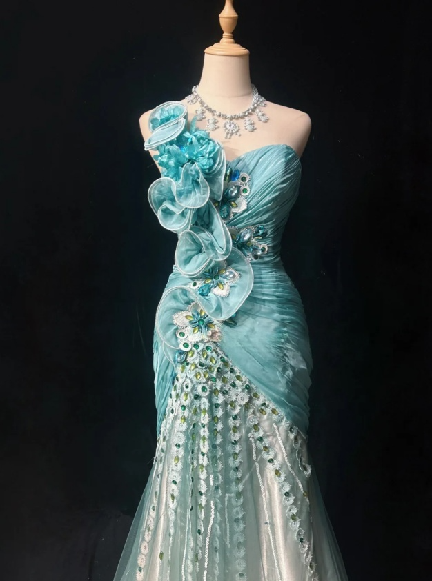 Chic Blue Long Prom Dresses Beaded Tulle One-shoulder Mermaid Evening Dresses ED06198