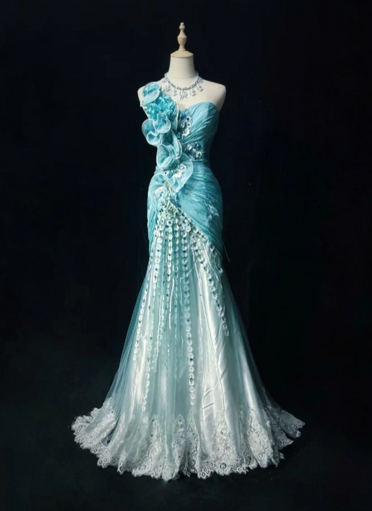 Chic Blue Long Prom Dresses Beaded Tulle One-shoulder Mermaid Evening Dresses ED06198