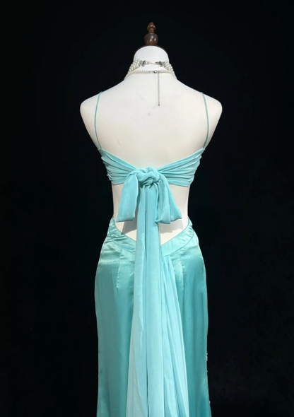 Chic Tiffany Blue Long Prom Dresses Beaded Satin Spaghetti Straps Sheath Evening Dresses ED06199
