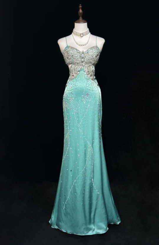 Chic Tiffany Blue Long Prom Dresses Beaded Satin Spaghetti Straps Sheath Evening Dresses ED06199