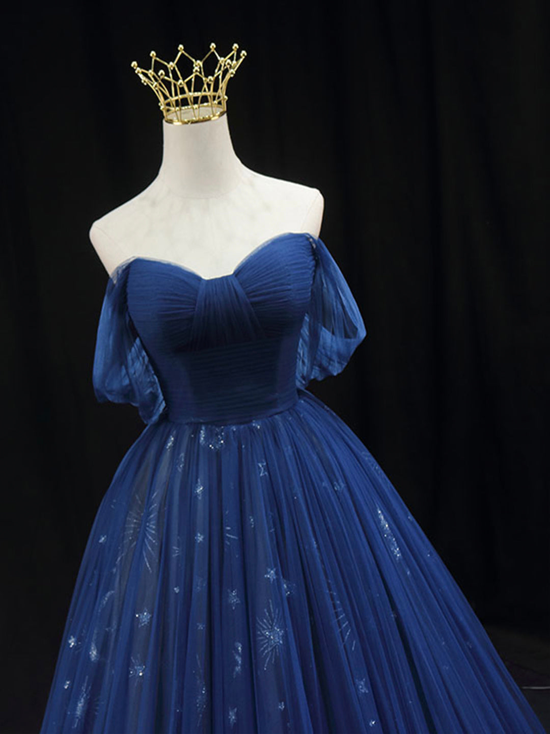 A-Line Off Shoulder Tulle Lace Dark Blue Long Prom Dress  ED062