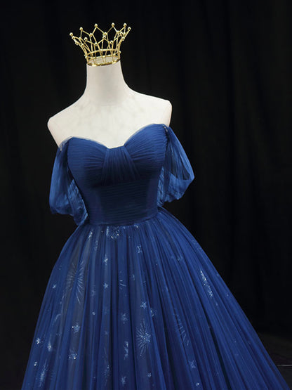 A-Line Off Shoulder Tulle Lace Dark Blue Long Prom Dress  ED062