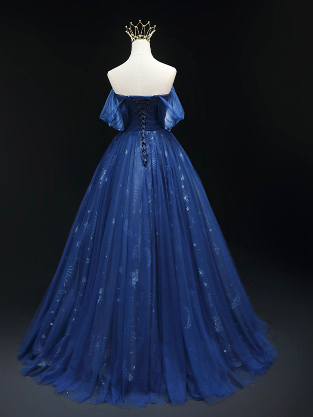 A-Line Off Shoulder Tulle Lace Dark Blue Long Prom Dress  ED062