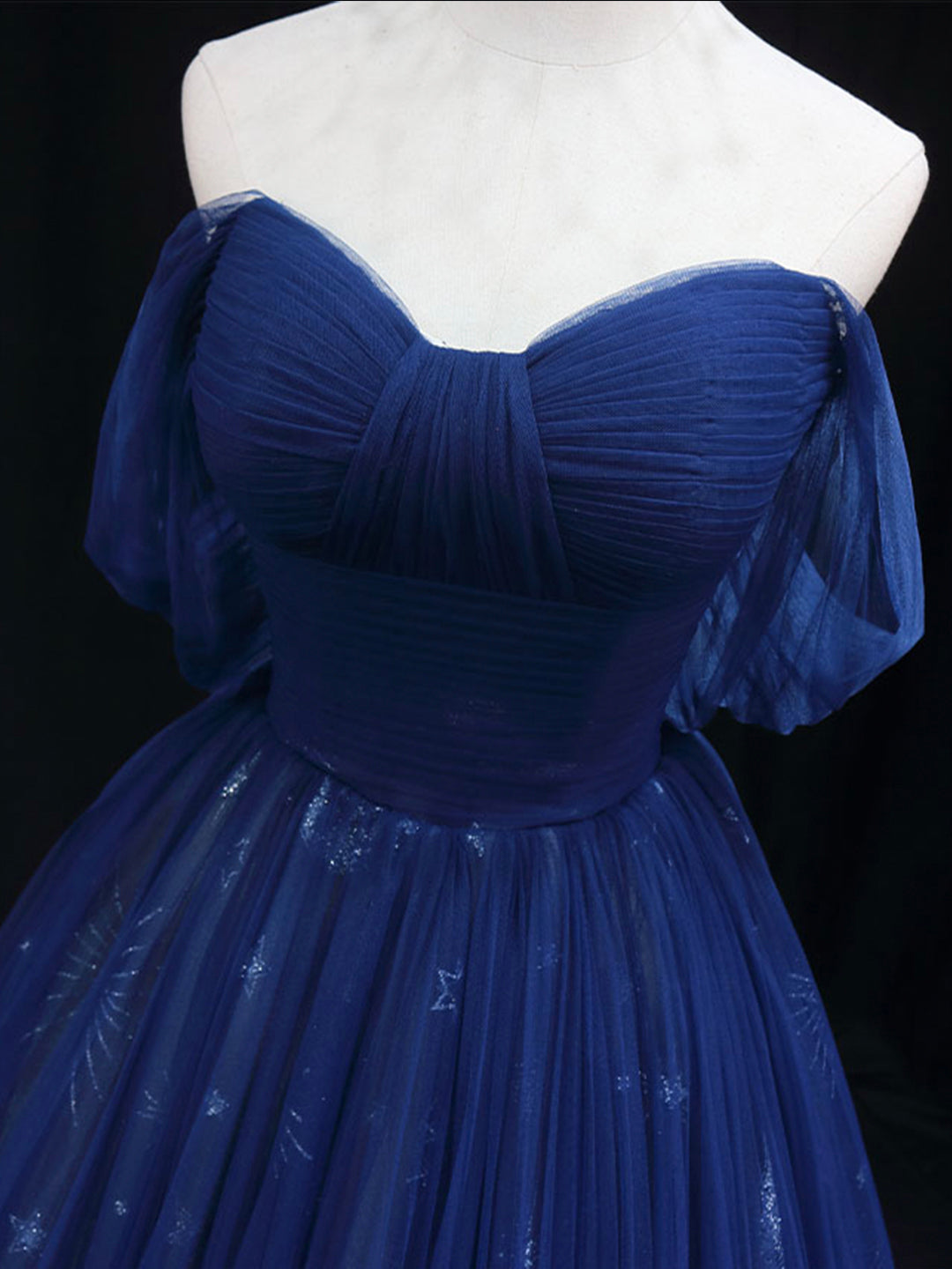 A-Line Off Shoulder Tulle Lace Dark Blue Long Prom Dress  ED062