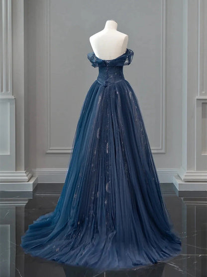 A-Line Off Shoulder Tulle Lace Dark Blue Long Prom Dress  ED062