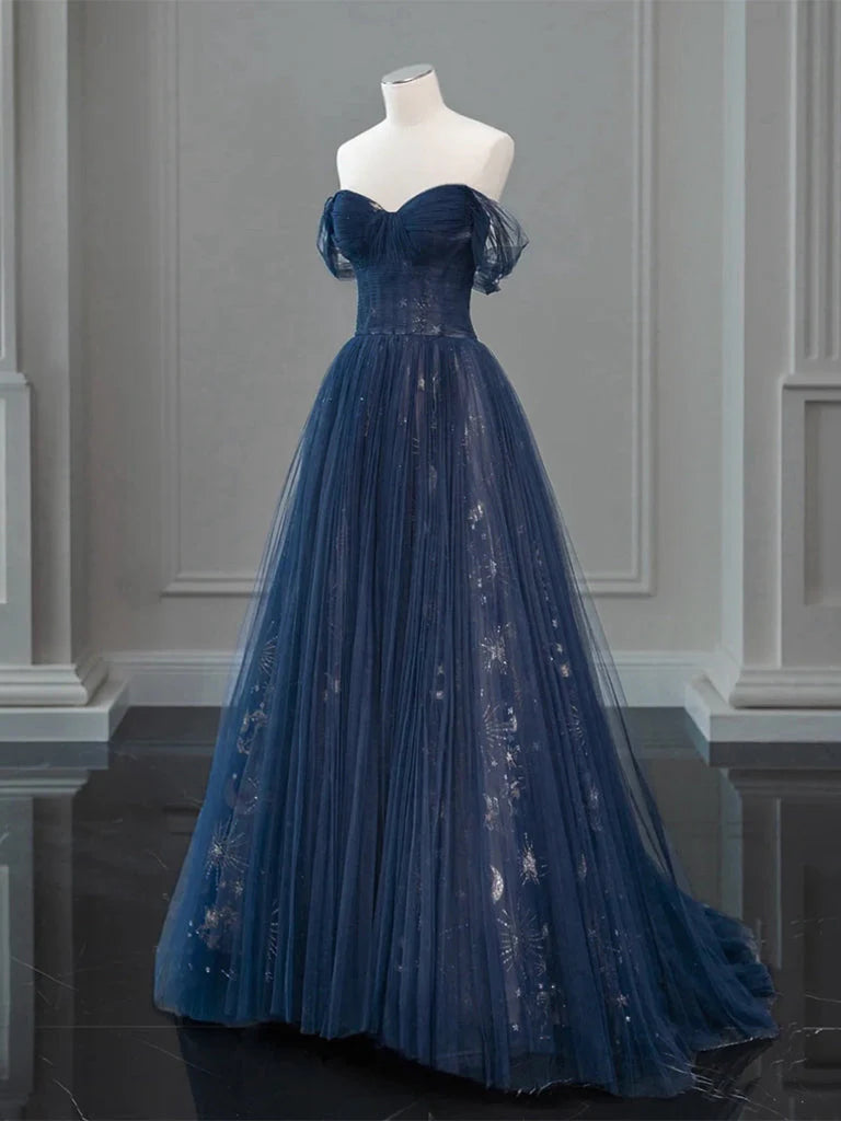 A-Line Off Shoulder Tulle Lace Dark Blue Long Prom Dress  ED062