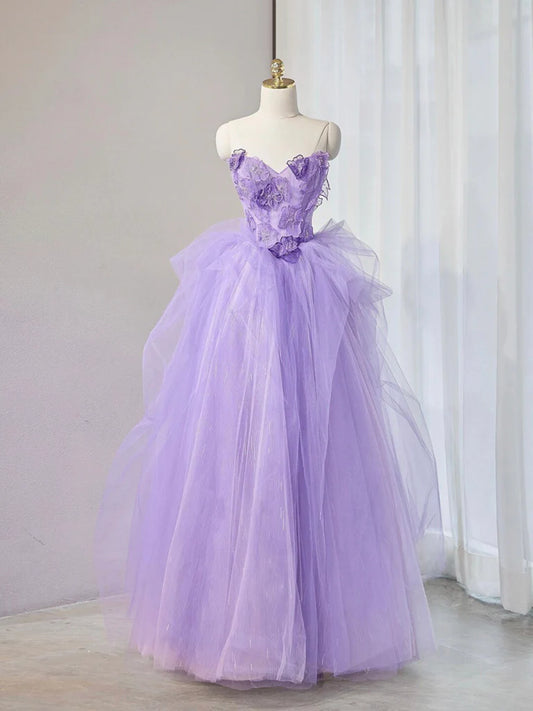 Purple Sweetheart Neck Tulle Applique Long Prom Dress, Purple Long Sweet 16 Dress ED0620