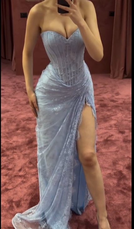 Chic Blue Long Prom Dresses Lace Sweetheart Sheath Evening Dresses with Slit ED06200