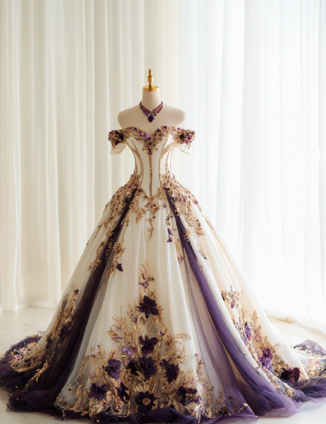 Cute Purple Birthday Dresses Off-shoulder A-Line Long Prom Dresses Tulle Appliques Quinceanera Dresses ED06201