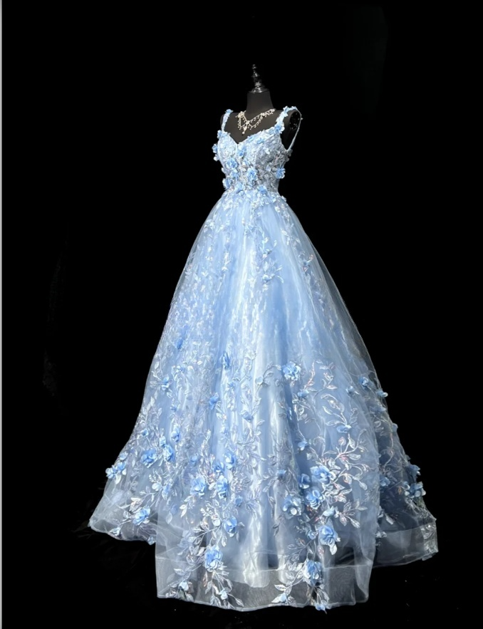 Gorgeous Blue Birthday Dresses Straps A-Line Long Prom Dresses Tulle Appliques Evening Dresses ED06203