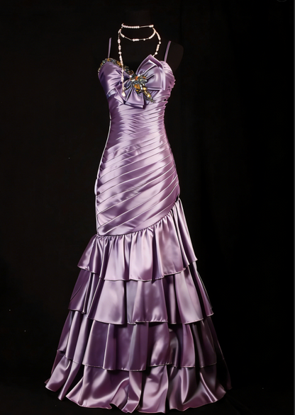 Cute Purple Long Prom Dresses Satin Spaghetti Straps Sheath Evening Dresses Sleeveless Birthday Dresses ED06206