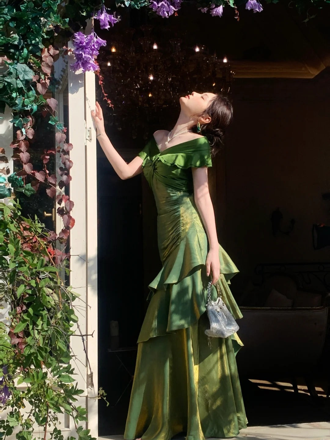 Cute Green Long Prom Dresses Satin Off-shoulder Sheath Evening Dresses Sleeveless Birthday Dresses ED06208