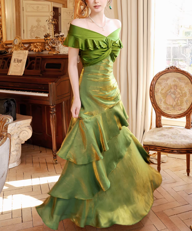 Cute Green Long Prom Dresses Satin Off-shoulder Sheath Evening Dresses Sleeveless Birthday Dresses ED06208