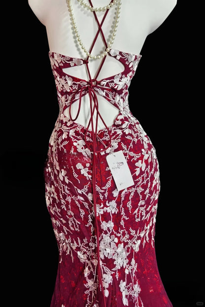 Chic Red Long Prom Dresses Tulle Applique Spaghetti Straps Mermaid Evening Dresses Sleeveless Birthday Dresses ED06209