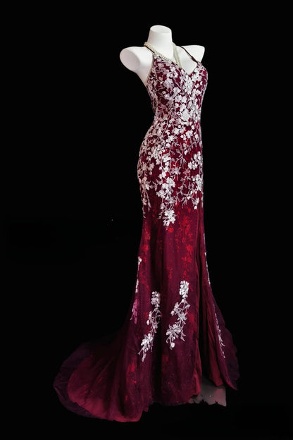 Chic Red Long Prom Dresses Tulle Applique Spaghetti Straps Mermaid Evening Dresses Sleeveless Birthday Dresses ED06209