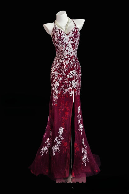 Chic Red Long Prom Dresses Tulle Applique Spaghetti Straps Mermaid Evening Dresses Sleeveless Birthday Dresses ED06209